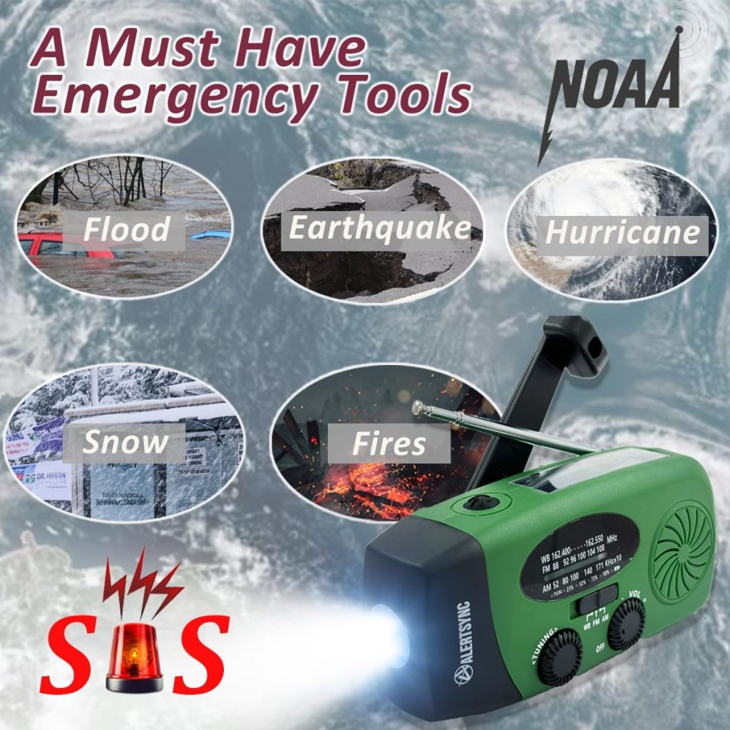 2024 Upgrade 5000mah Alertsync NOAA Weather Emergency Radio with Solar Charging, AM FM Hand Crank Windup Radio SOS Alarm LED Flashlight with Earphone Jack for Home, Camping, Survival Hurricane (Green)