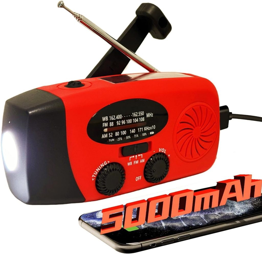 5000mAh Emergency Crank Weather Radio, iRonsnow NOAA/FM/AM Solar Radios, Portable Survival Radio with SOS, Earphone Jack, 1W 4 Modes LED Flashlight, Cell Phone Charger for Camping Hiking