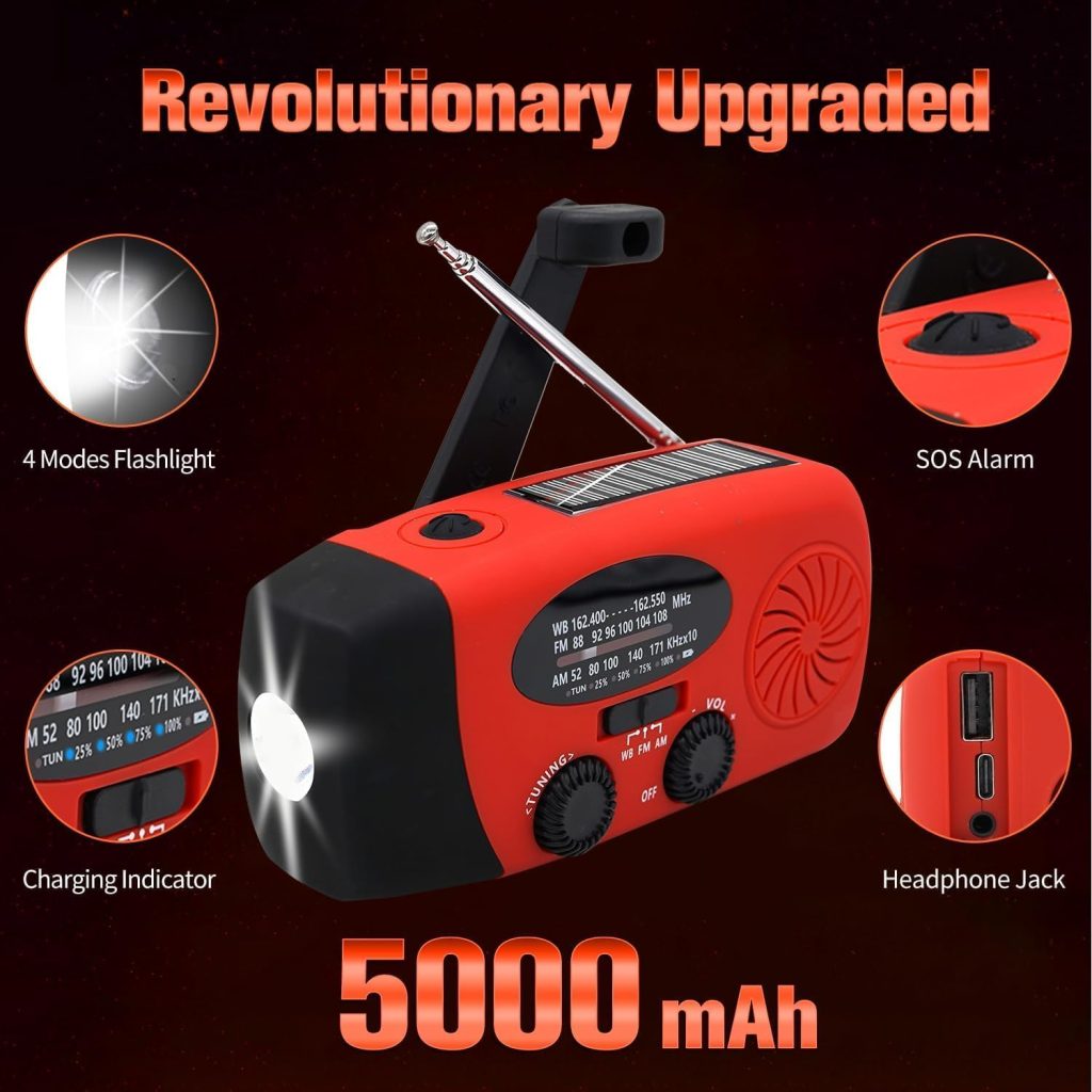 5000mAh Emergency NOAA Weather Radio, Self Powered FM AM Hand Crank Radios, Solar Radio with SOS, Earphone Jack, 4 Modes LED Flashlight, Phone Charge (Red)