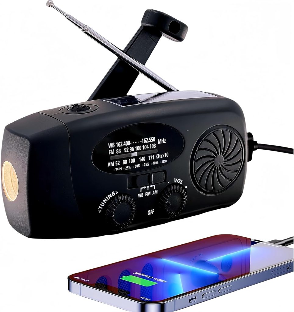 5000mAh Emergency Weather Radio, iRonsnow NOAA FM AM Hand Crank Radios, Solar Radio with SOS, Earphone Jack, 1W LED Flashlight, Self Powered Phone Charger for Camping, Survival (Black)