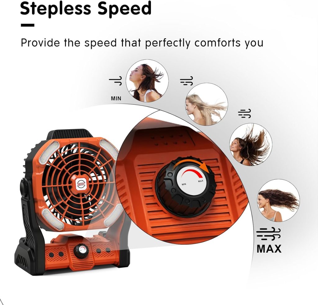 ABVOT 20000mAh Camping Fan with 4 LED Lights, Rechargeable Fan Portable, Stepless Speed and Adjustable Timer Settings for Picnic, Barbecue, Fishing, Travel