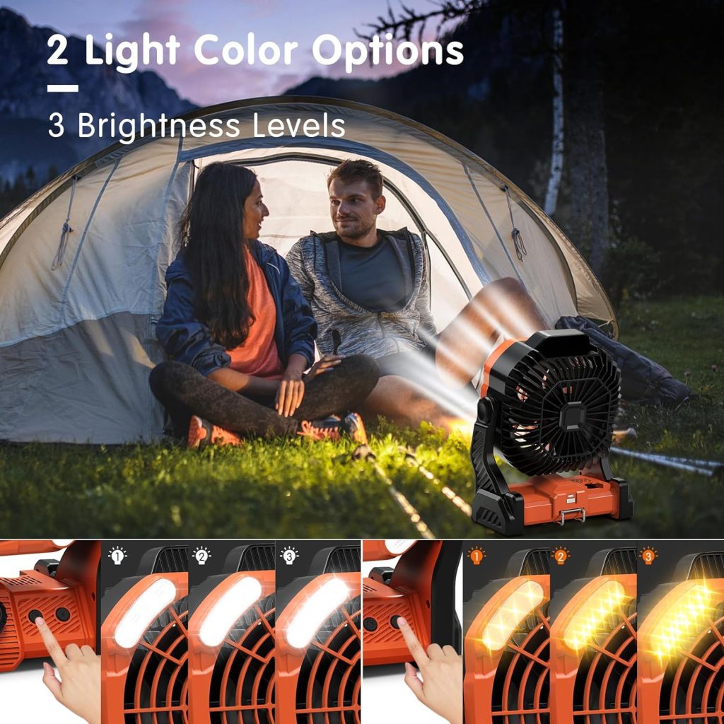 ABVOT 20000mAh Camping Fan with 4 LED Lights, Rechargeable Fan Portable, Stepless Speed and Adjustable Timer Settings for Picnic, Barbecue, Fishing, Travel