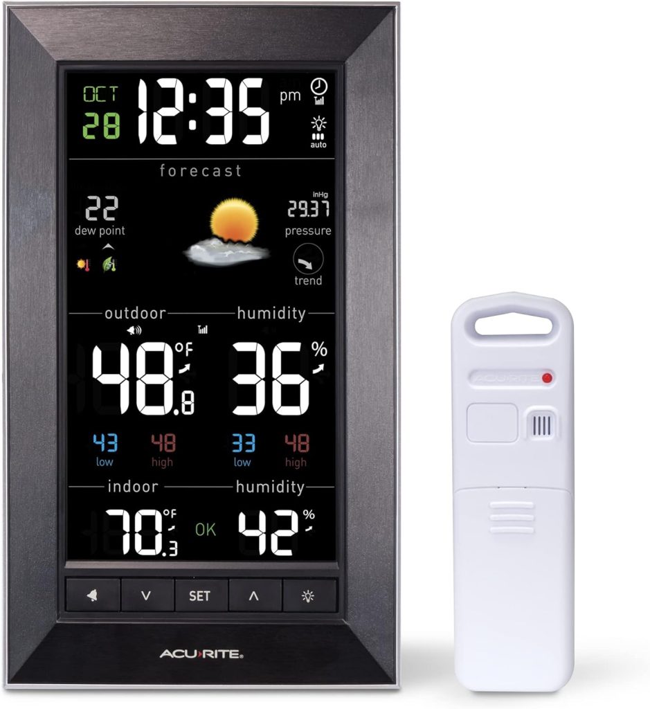AcuRite Digital Vertical Weather Forecaster with Indoor/Outdoor Temperature, Humidity, and Date and Time (01121M) , BLACK