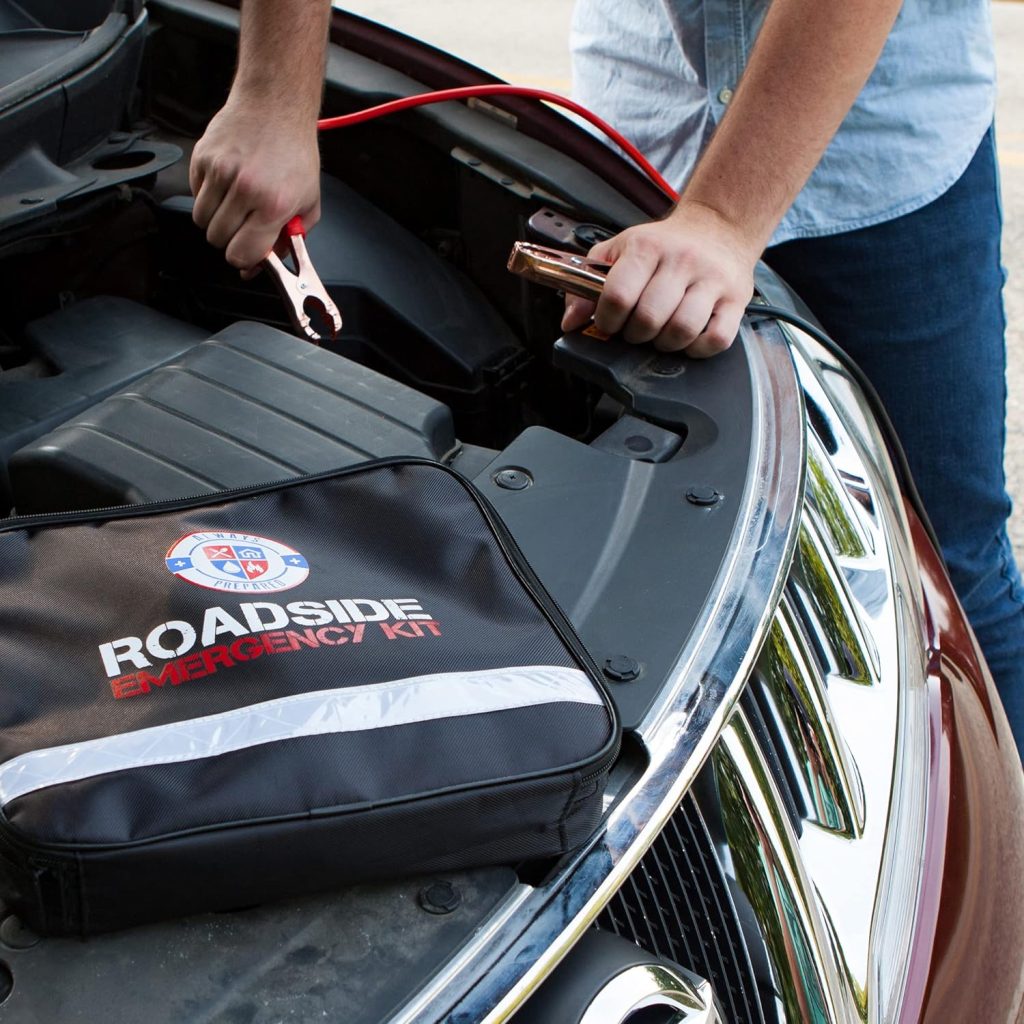 Always Prepared Standard (62 Piece) Roadside Emergency Car Kit – with Jumper Cables – All-in-One Auto Safety and First Aid Kit – Travel Safety for Women, Men, and College Kids – Roadtrip Essentials