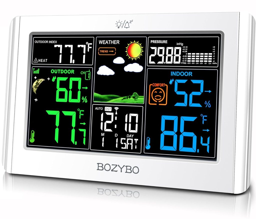 BOZYBO Weather Station Wireless Indoor Outdoor Thermometer: Digital Weather Thermometer with Atomic Clock Temperature Humidity Monitor with Calendar Adjustable Backlight and Calendar