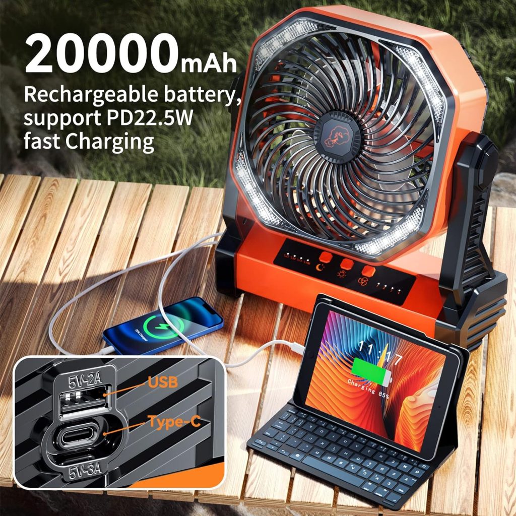 Camping LED Fan with Light, 20000mAh Rechargeable Battery Powered Outdoor Tent Fan with Light and Hook, 4 Speed, Personal USB Desk Fan for Camping, Fishing, Power Outage,Hurricane, Worksite