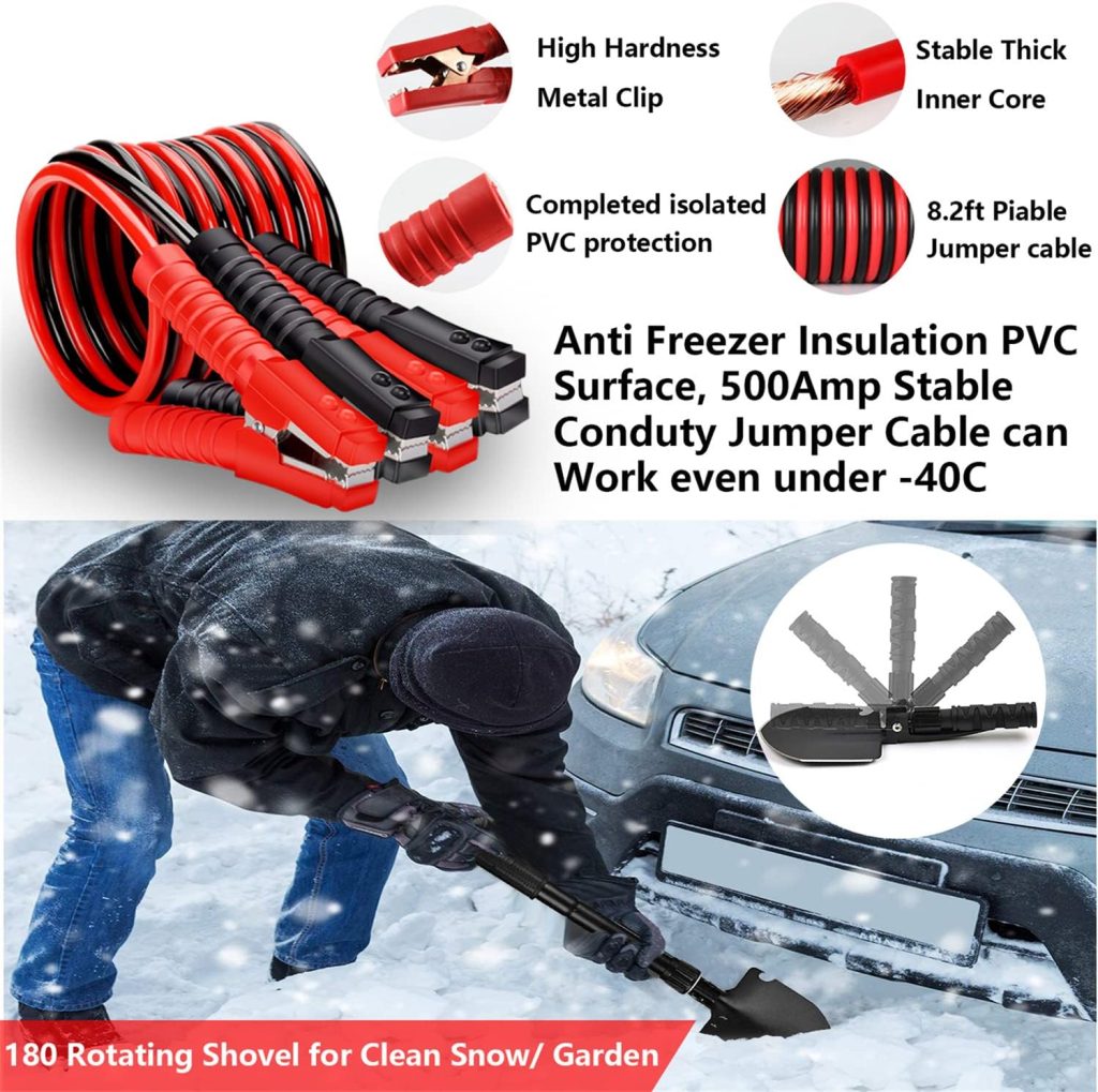 Car Emergency Roadside Tool Kit with Jumper Cable Shovel,Auto Truck Vehicle Assistant Safety Kit Bag for Men Women with First Aid Kit, Winter Basic Automobile Safety Road Travel Kit Throttle Adapters