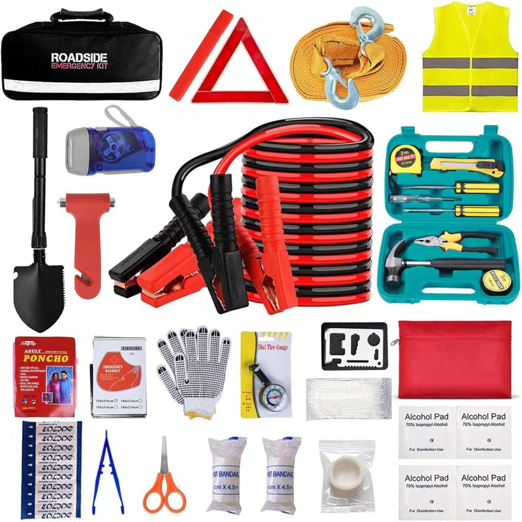 Car Emergency Roadside Tool Kit with Jumper Cable Shovel,Auto Truck Vehicle Assistant Safety Kit Bag for Men Women with First Aid Kit, Winter Basic Automobile Safety Road Travel Kit Throttle Adapters