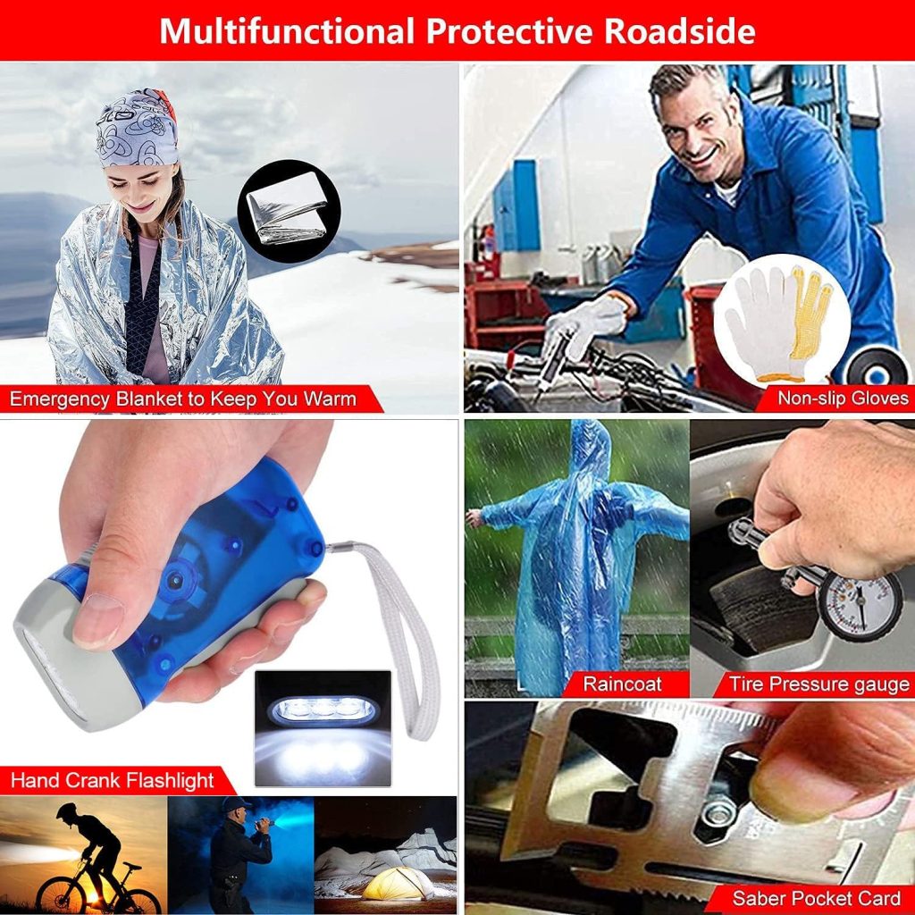 Car Emergency Roadside Tool Kit with Jumper Cable Shovel,Auto Truck Vehicle Assistant Safety Kit Bag for Men Women with First Aid Kit, Winter Basic Automobile Safety Road Travel Kit Throttle Adapters
