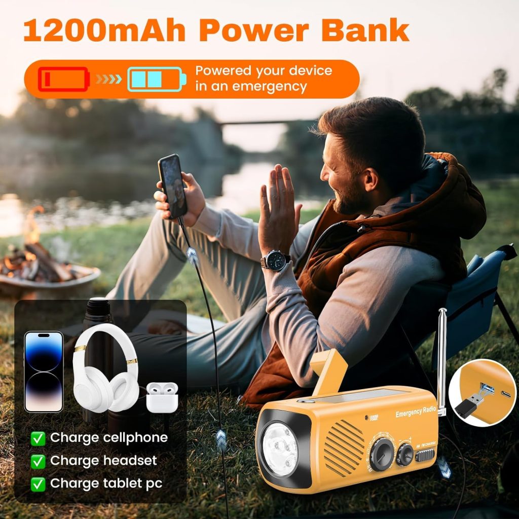 Emergency Hand Crank Radio AM/FM with LED Flashlight, Portable Weather Radio with Solar Charging Manual Crank and Battery Operation, Mergency Phone Charging for Home Outdoor Camping（Blue）