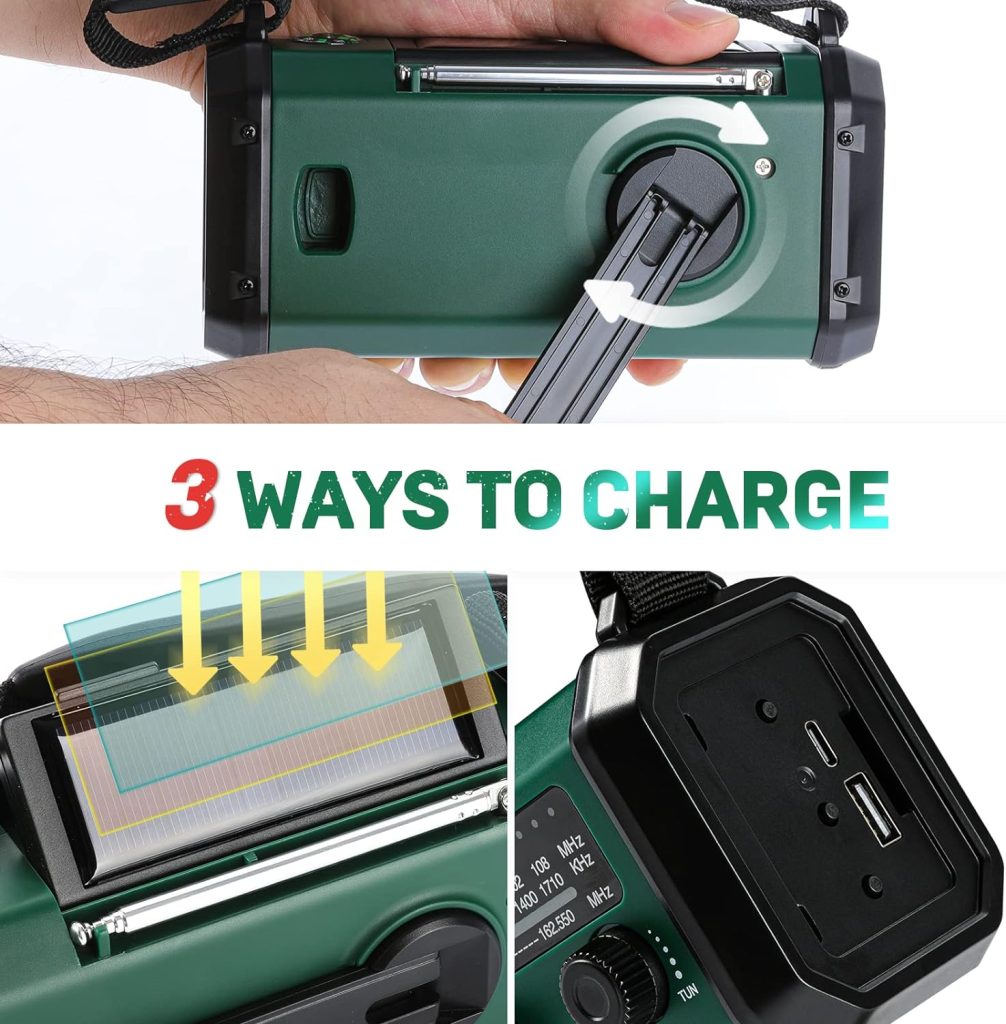 Emergency Hand Crank Radio with 10000mAh Battery Backup, NOAA/AM/FM Weather Radio, Type-C Charge,Solar Charging,SOS, 3 Modes LED Torch, Reading Lamp, Compass for Outdoor Survival