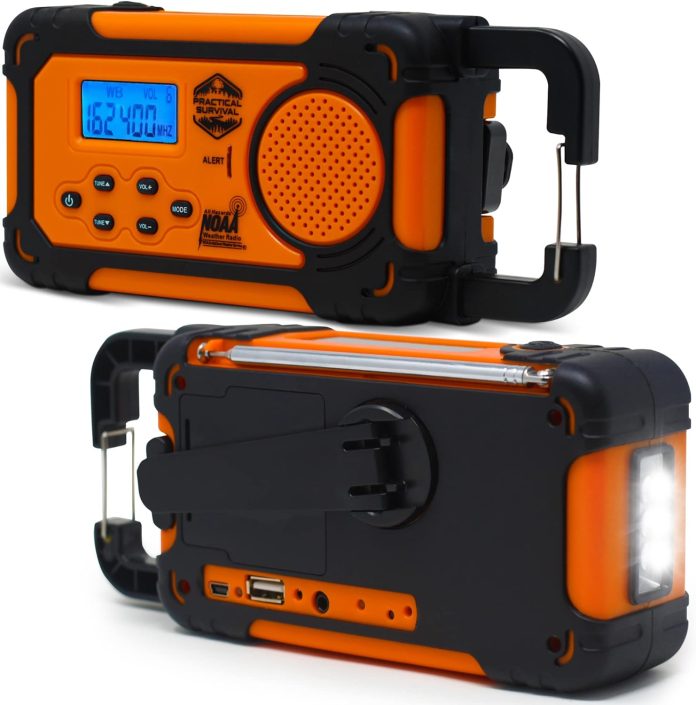 emergency noaa weather radio with amfm and shortwave radio bands hand crank solar or battery powered portable power bank