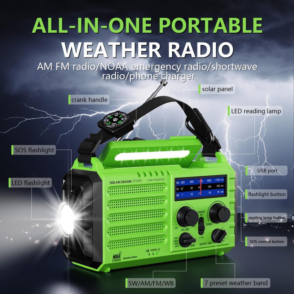 Emergency Radio 5000 Hand Crank Solar Weather Radio,5-Way Power AM/FM/SW/NOAA Survival Portable Radio with Camping Flashlight,Power Bank Phone Charger,Reading Lamp,SOS Alarm Survival Equipment,Compass