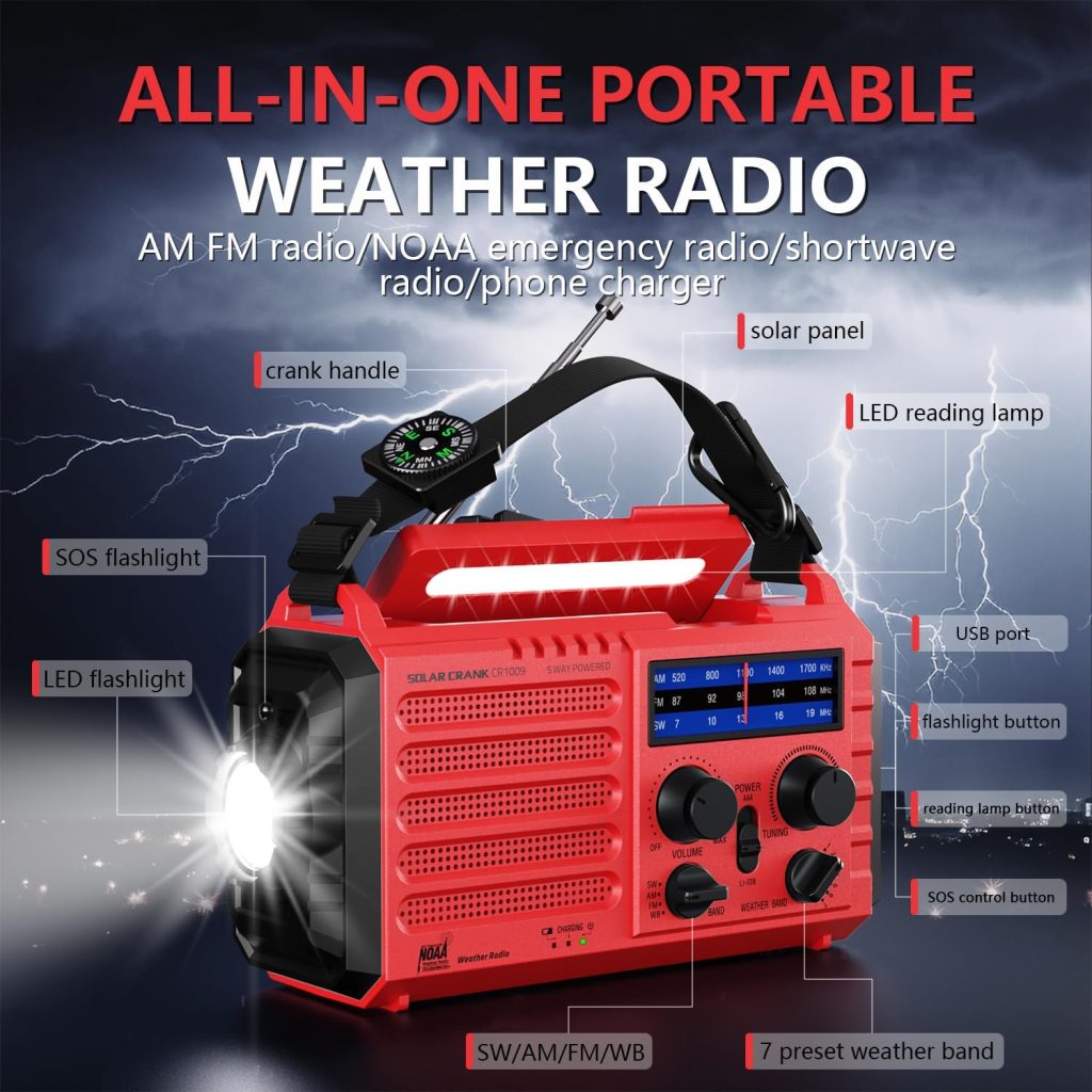 Emergency Radio 5000 Hand Crank Solar Weather Radio,5-Way Power AM/FM/SW/NOAA Survival Portable Radio with Camping Flashlight,Power Bank Phone Charger,Reading Lamp,SOS Alarm Survival Equipment,Compass