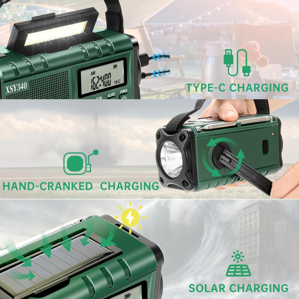 Emergency Weather Alert Radio,AM/FM/NOAA Hand Crank Wind Up/USB-C/Solar Powered 10000mAh Power Bank,Battery Operated Phone Charger Radio,LCD Display Clock Alarm,3W FlashlightReading Lamp,SOS Survival