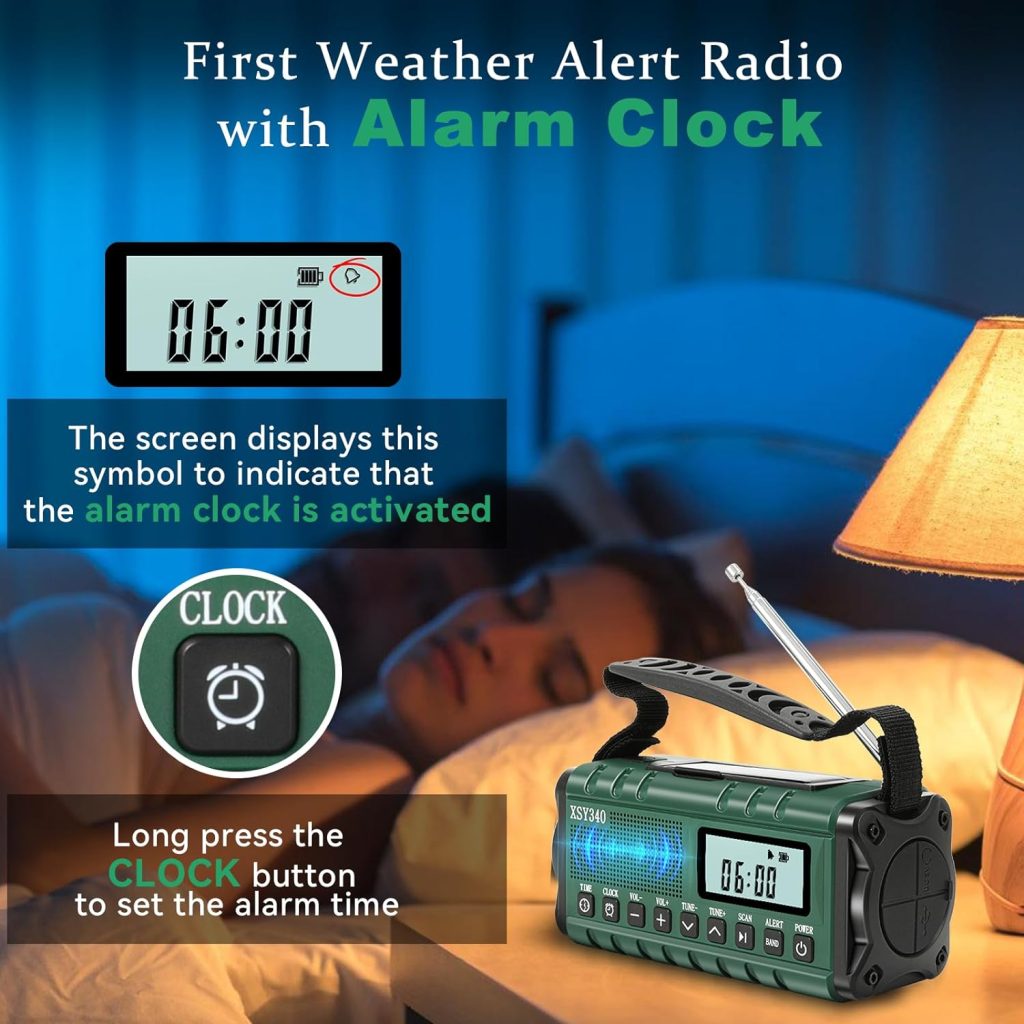 Emergency Weather Alert Radio,AM/FM/NOAA Hand Crank Wind Up/USB-C/Solar Powered 10000mAh Power Bank,Battery Operated Phone Charger Radio,LCD Display Clock Alarm,3W FlashlightReading Lamp,SOS Survival