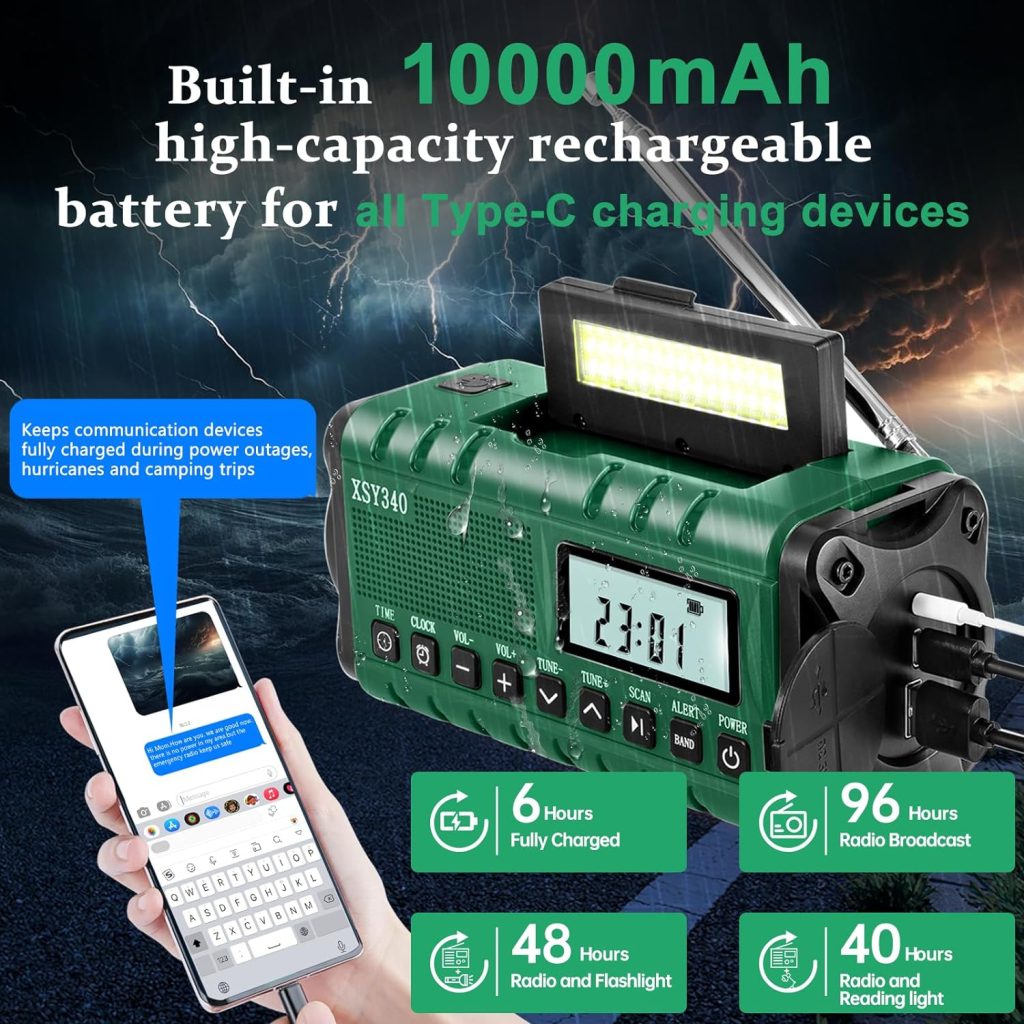 Emergency Weather Alert Radio,AM/FM/NOAA Hand Crank Wind Up/USB-C/Solar Powered 10000mAh Power Bank,Battery Operated Phone Charger Radio,LCD Display Clock Alarm,3W FlashlightReading Lamp,SOS Survival