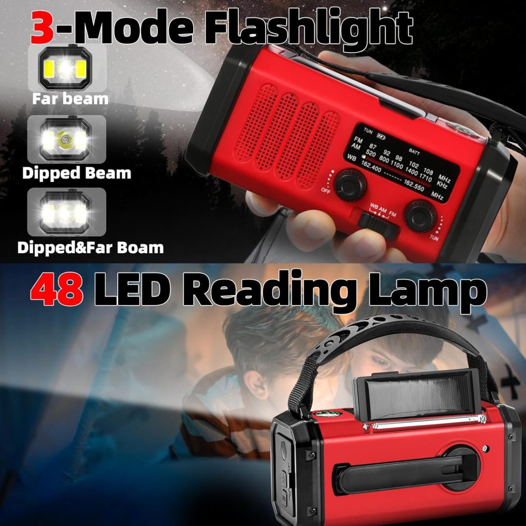 Emergency Weather Radio, 10000mAh Crank Radio, Portable NOAA/AM/FM Weather Radio, Reading Light, Solar Radio, SOS Emergency Flashlight, Multiple Power Sources,for Hurricanes and Emergencies