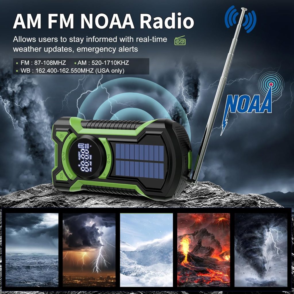 Emergency Weather Radio, Waterproof Bluetooth Portable AM/FM/NOAA Weather Radio, 5000mAh USB Hand Crank Solar Radio, Phone Charger, Flashlight, SOS