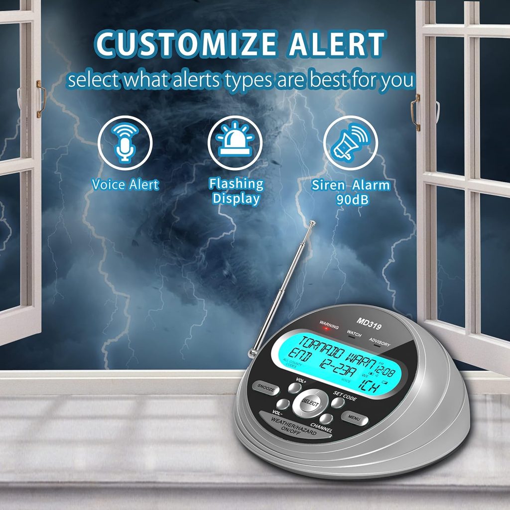 Emgykit NOAA Weather Alert Radio - S.A.M.E. Localized Programming, 23 Country Codes  80+ Emergency Alerts, Weather Radio with Battery Backup, External Antenna and Warning Light for Home  Emergency