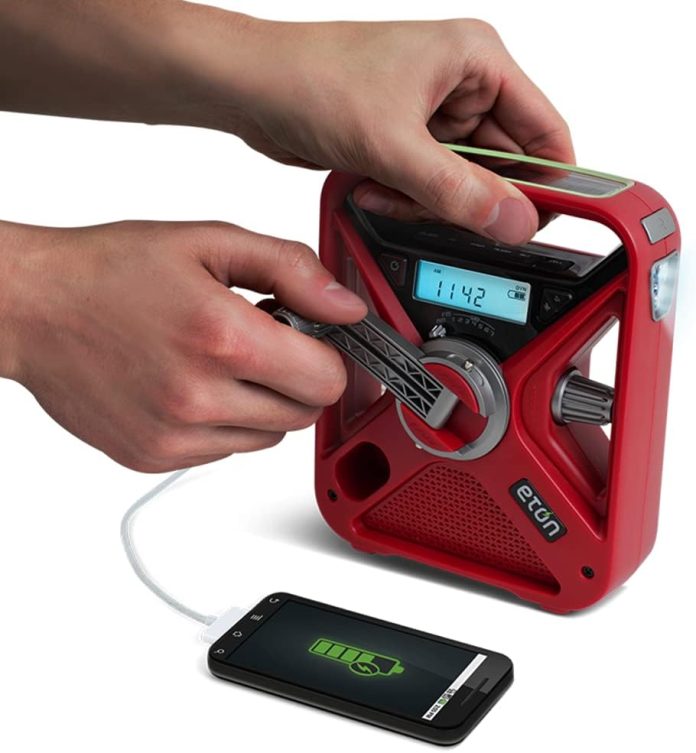 eton american red cross frx3 emergency noaa weather radio red digital display hand turbine solar power red led flashing 1 2