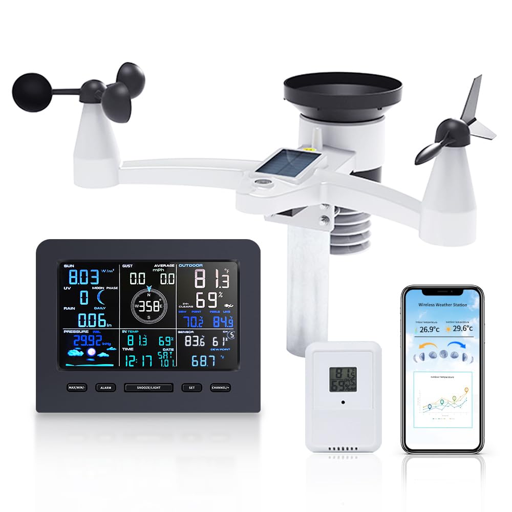 FENGTU Smart Weather Station with 7 in1 Outdoor Sensor and Wireless Temperature Sensor,Temperature/Anemometer/Rain Gauge/UV Sensor/Weather Forecast(WiFi)