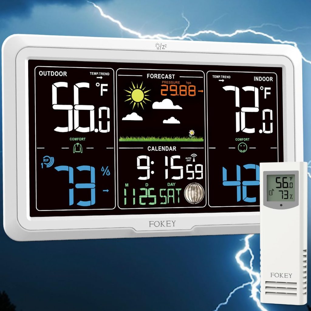 Fokey Weather Station Wireless Indoor Outdoor, Indoor Outdoor Thermometer Wireless Clock, Weather Station Digital Home Outdoor Gauge 7.6in Large Display Atomic Clock Temperature Humidity Phase Black