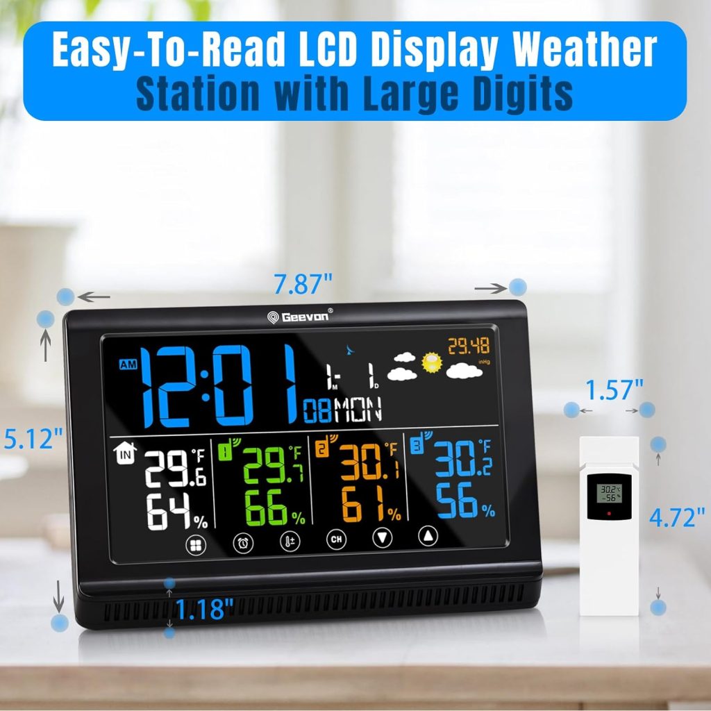 Geevon Indoor Outdoor Weather Station, Color Digital Weather Thermometer Wireless with 3 Remote Sensors,Barometer,USB Charge Adjustable Backlight Temperature Humidity Monitor Gauge