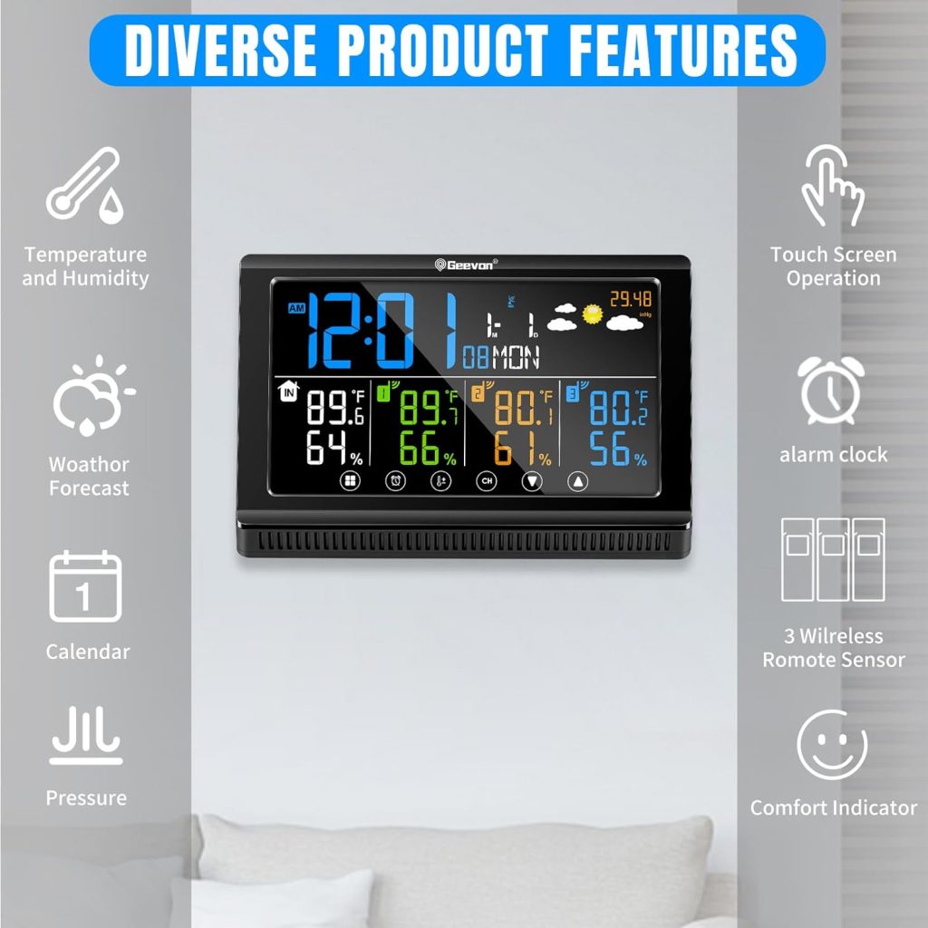Geevon Indoor Outdoor Weather Station, Color Digital Weather Thermometer Wireless with 3 Remote Sensors,Barometer,USB Charge Adjustable Backlight Temperature Humidity Monitor Gauge