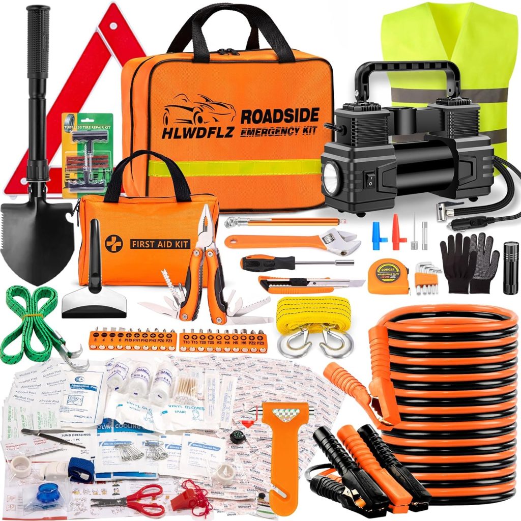 HLWDFLZ Car Emergency Kit with Portable Air Compressor - Roadside Assistance Emergency Kit, Winter Trave Assistance, Safety Emergency Kit for Cars, Trucks (Orange)