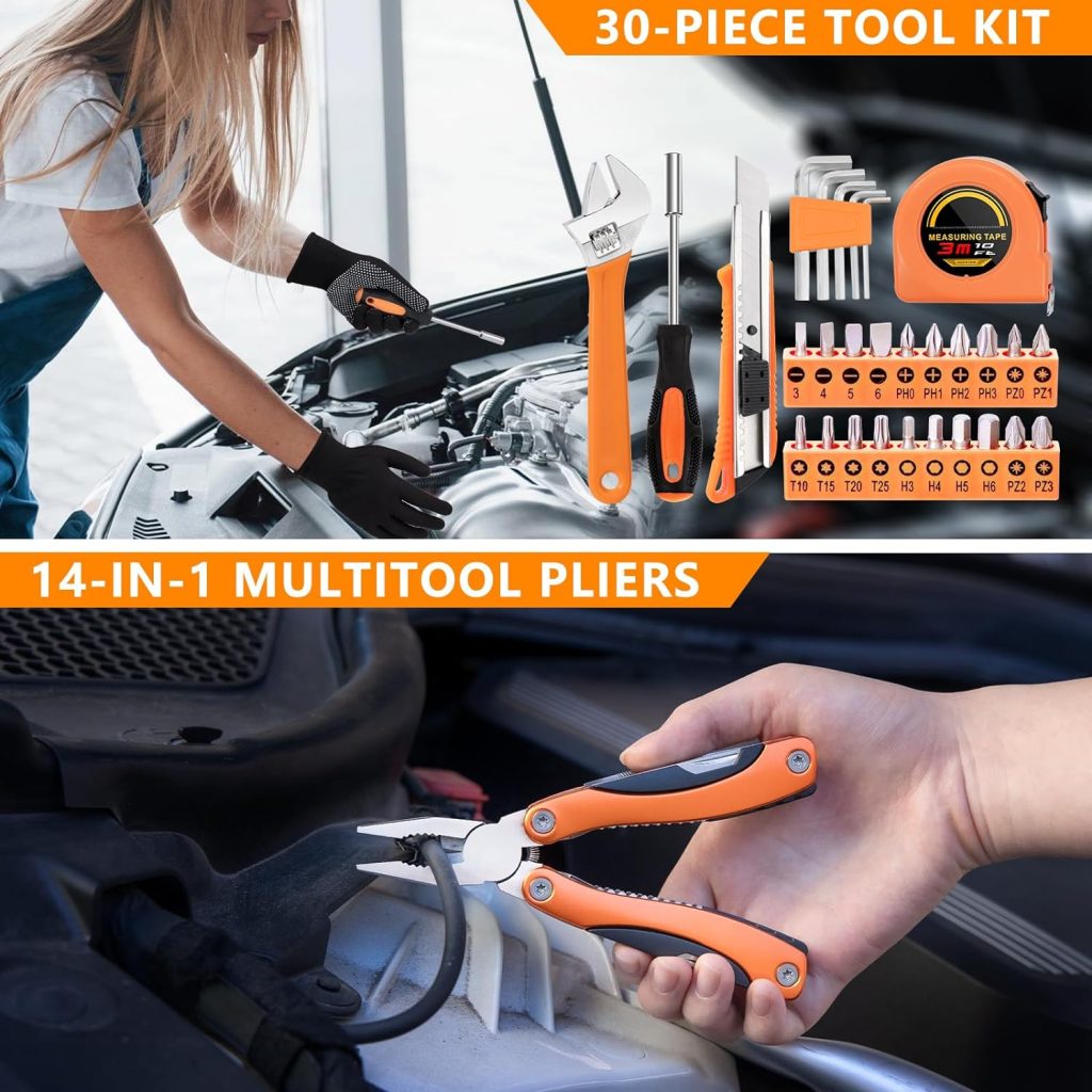 HLWDFLZ Car Emergency Kit with Portable Air Compressor - Roadside Assistance Emergency Kit, Winter Trave Assistance, Safety Emergency Kit for Cars, Trucks (Orange)