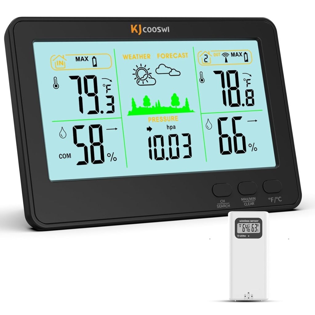 Indoor Outdoor Thermometer and Hygrometer Wireless Weather Stations with 328ft/100m Range, Temperature and Humidity Monitor with Barometer (Black)