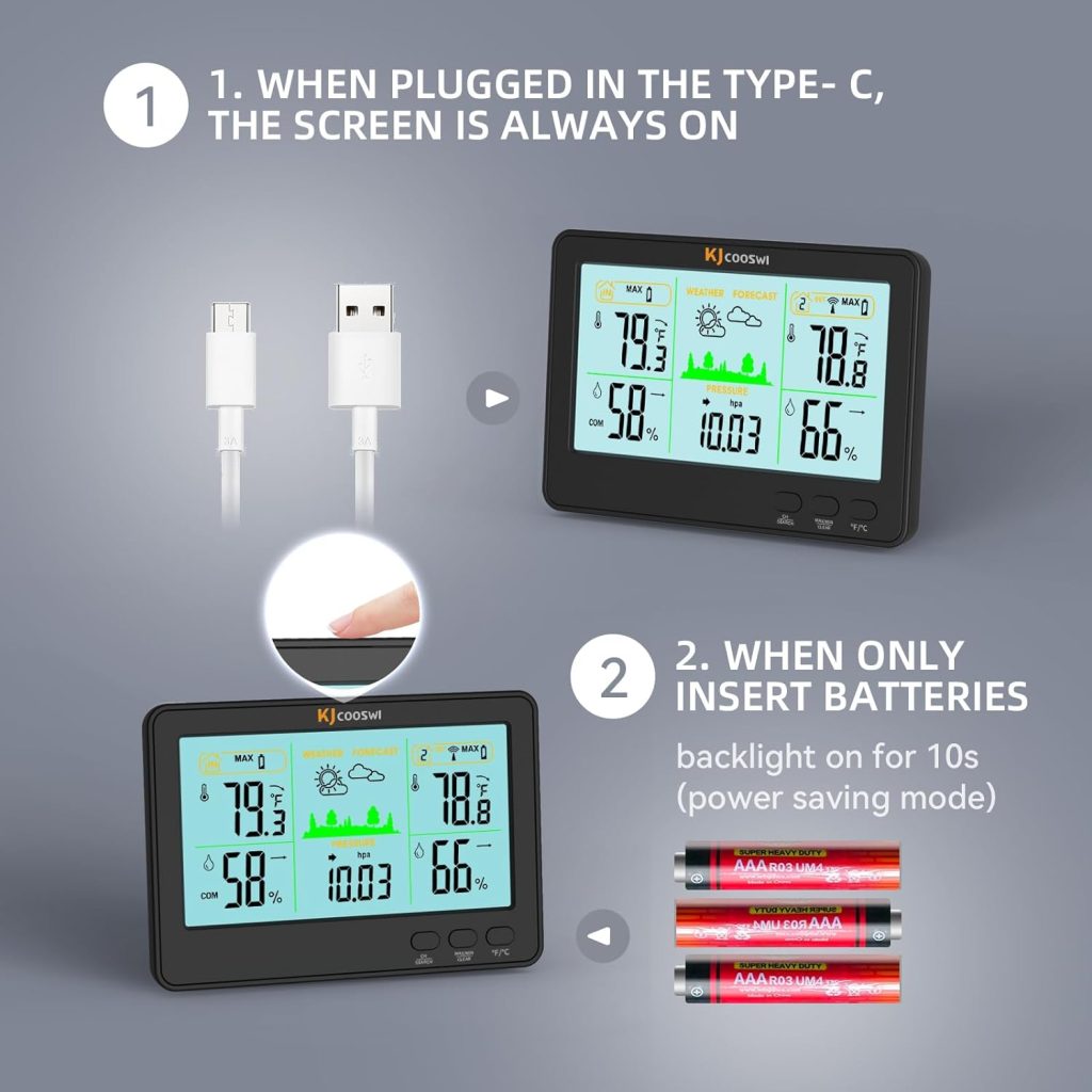 Indoor Outdoor Thermometer and Hygrometer Wireless Weather Stations with 328ft/100m Range, Temperature and Humidity Monitor with Barometer (Black)