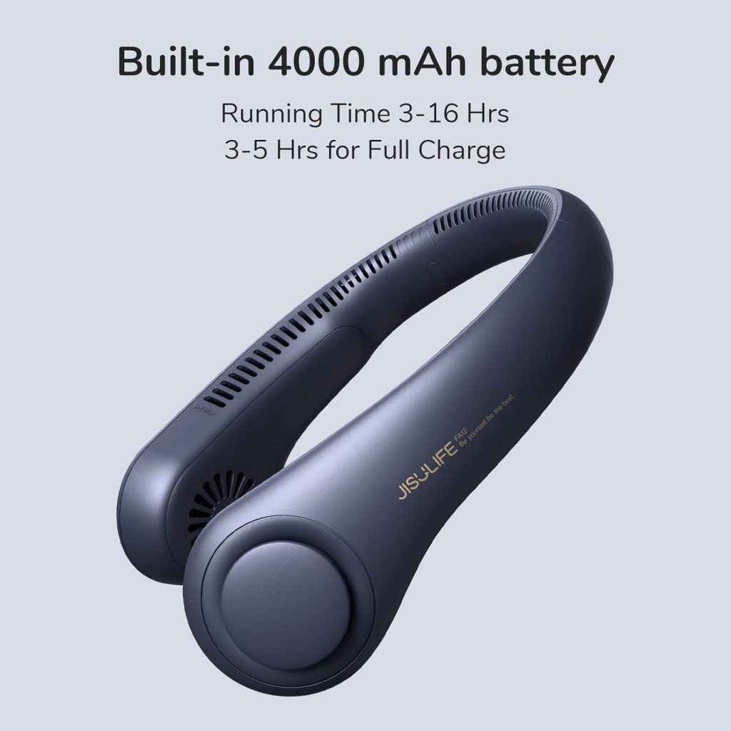 JISULIFE Portable Neck Fan, Hands Free Bladeless Fan, 4000 mAh Battery Operated Wearable Personal Fan, Leafless, Rechargeable, Headphone Design,3 Speeds Gifts for Women Men-Dark Blue