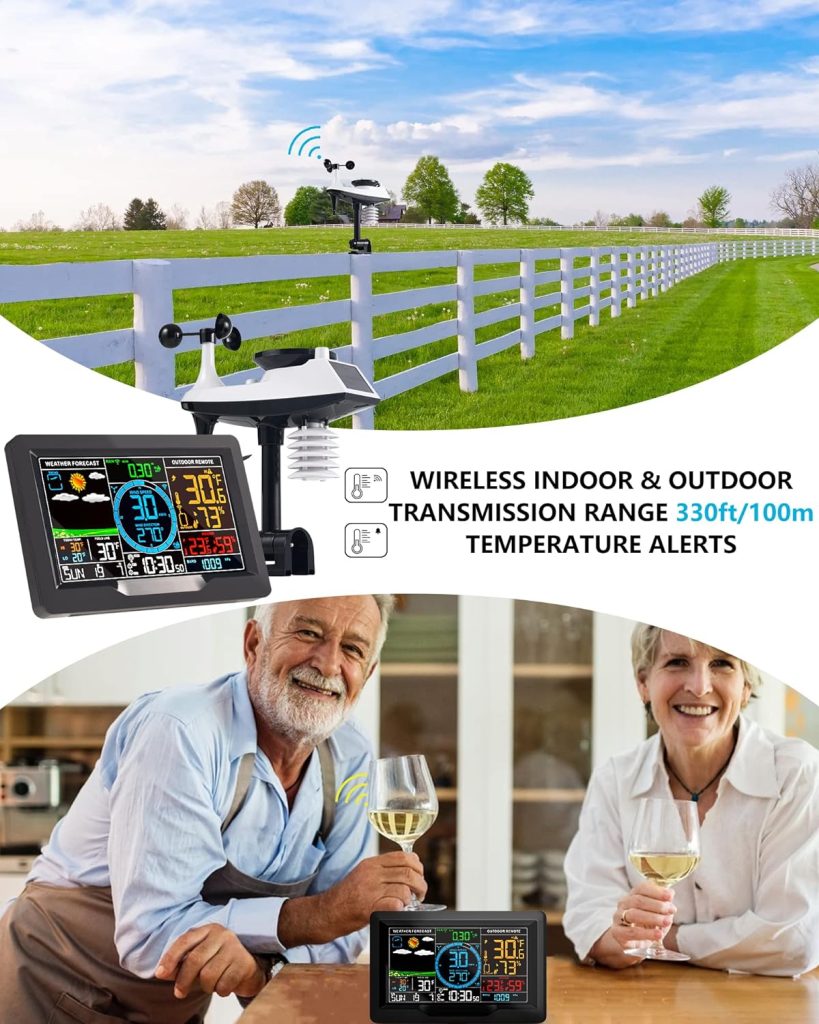 KALEVOL Weather Station Indoor Outdoor Thermometer Wireless Color Display Digital Temperature Humidity Monitor, Weather Thermometer Forecast Station with Atomic Clock and Adjustable Backlight