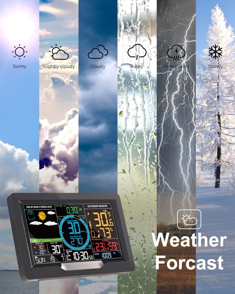 KALEVOL Weather Station Indoor Outdoor Thermometer Wireless Color Display Digital Temperature Humidity Monitor, Weather Thermometer Forecast Station with Atomic Clock and Adjustable Backlight