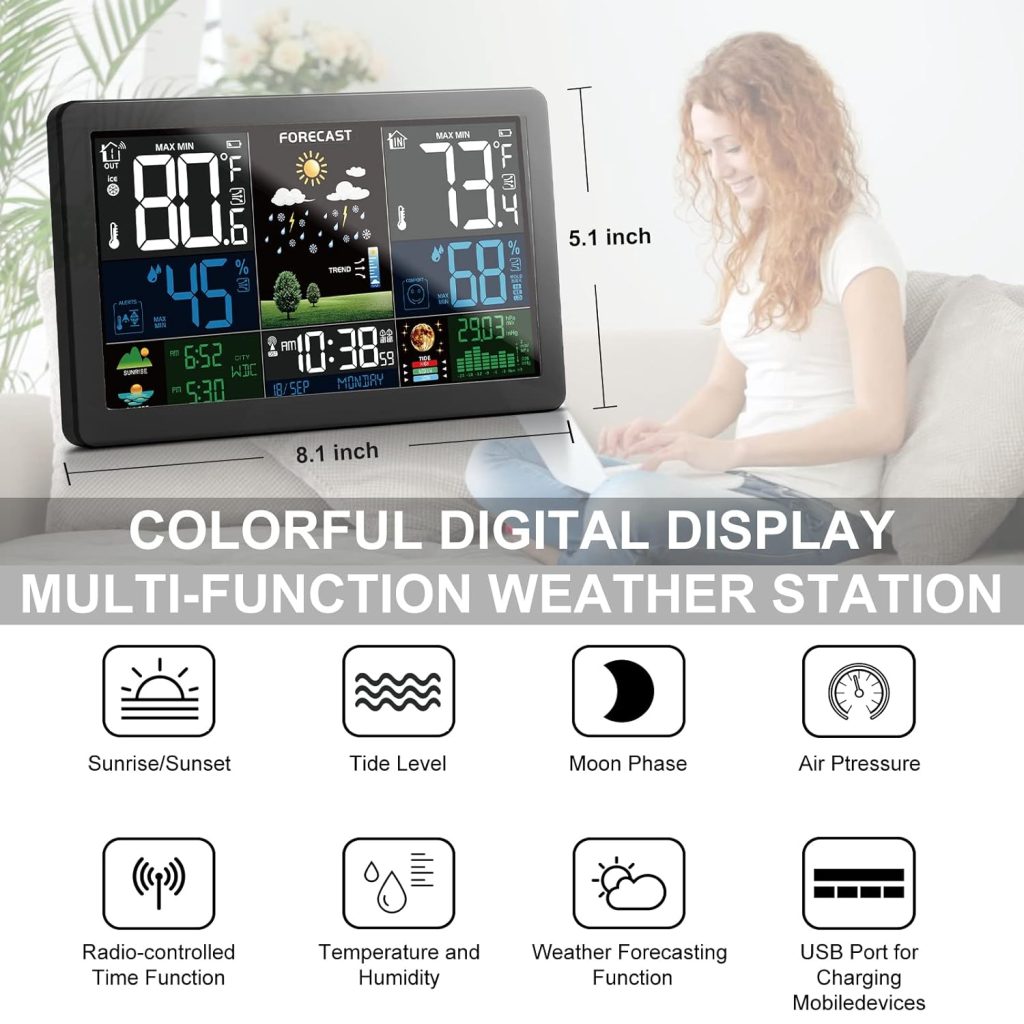 KALEVOL Weather Station Wireless Indoor Outdoor Thermometer with 3 Remote Sensors and Color Display Atomic Clock, Weather Thermometer Forecast Station with Sunrise Sunset Time and Tide Level