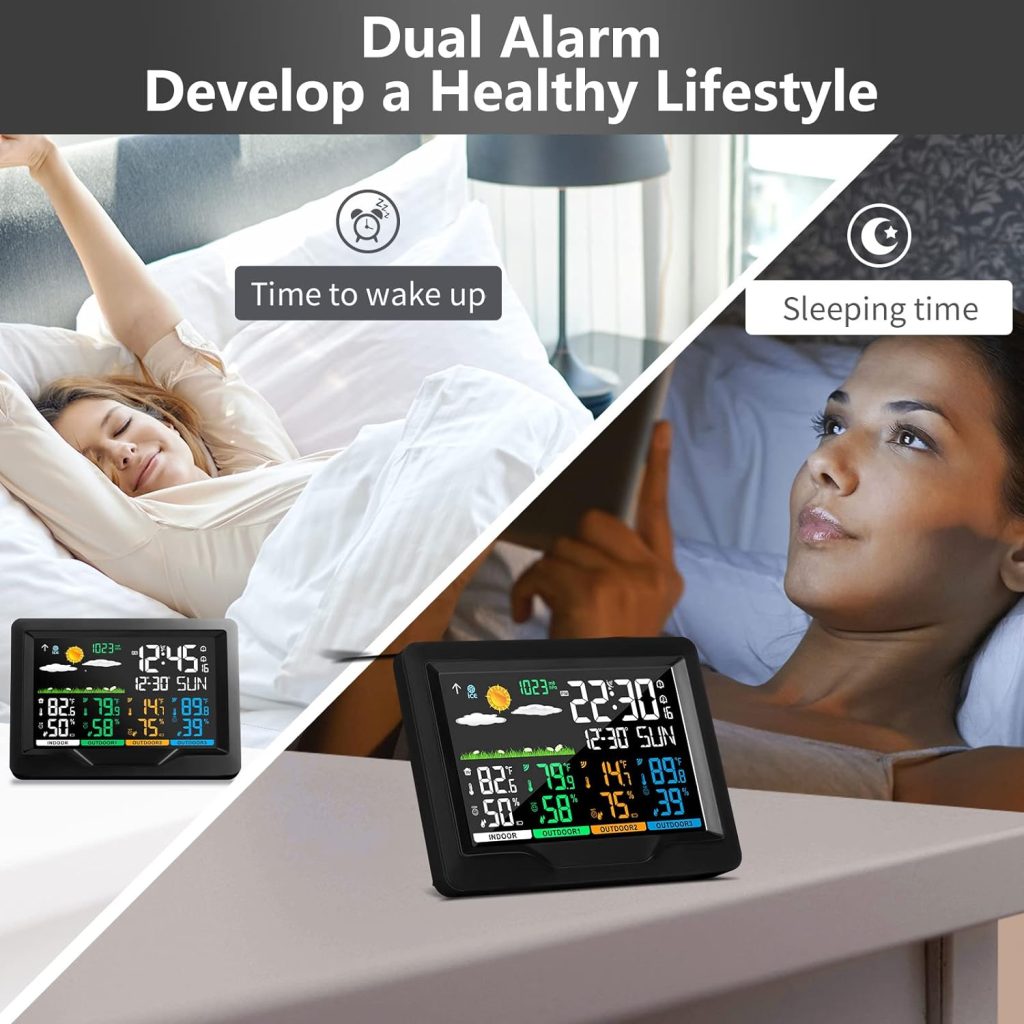 KALEVOL Weather Station Wireless Indoor Outdoor Thermometer with 3 Remote Sensors and Color Display Atomic Clock, Weather Thermometer Forecast Station with Sunrise Sunset Time and Tide Level