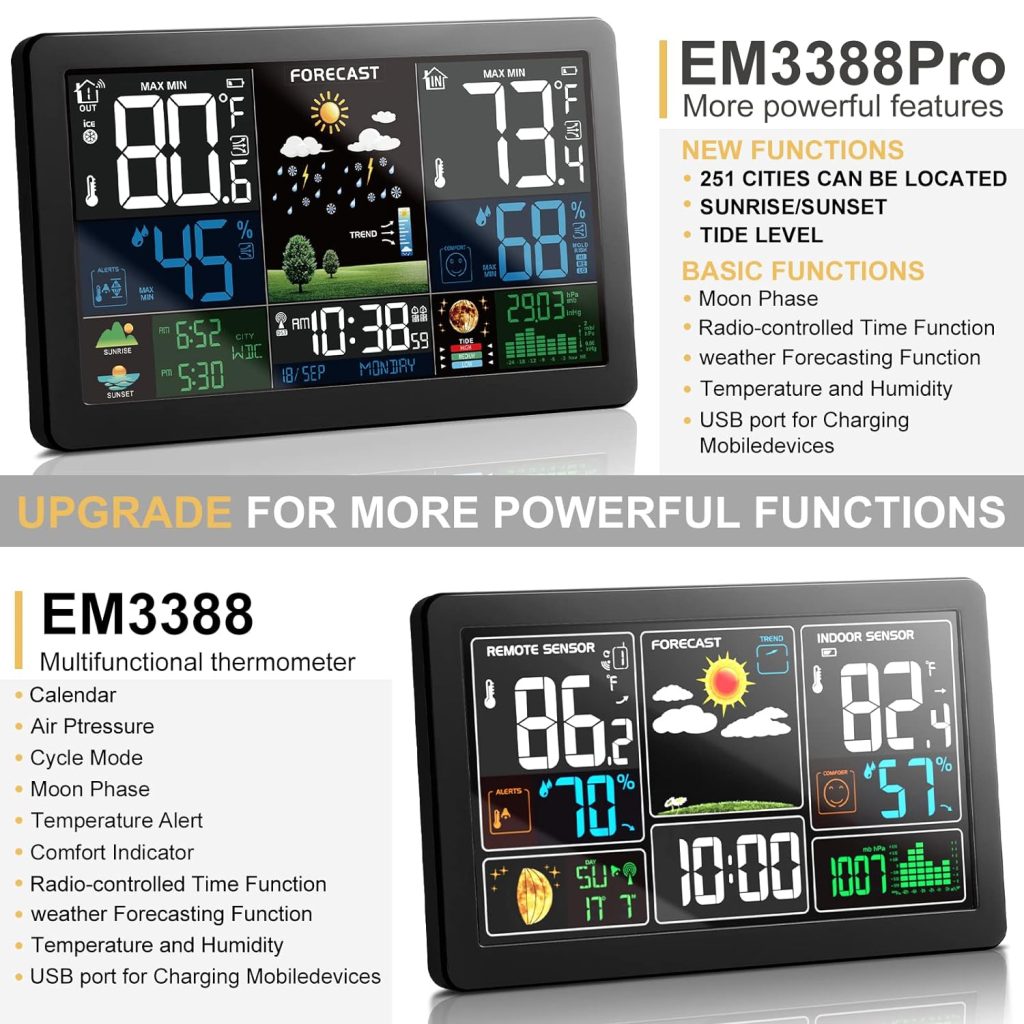 KALEVOL Weather Station Wireless Indoor Outdoor Thermometer with 3 Remote Sensors and Color Display Atomic Clock, Weather Thermometer Forecast Station with Sunrise Sunset Time and Tide Level