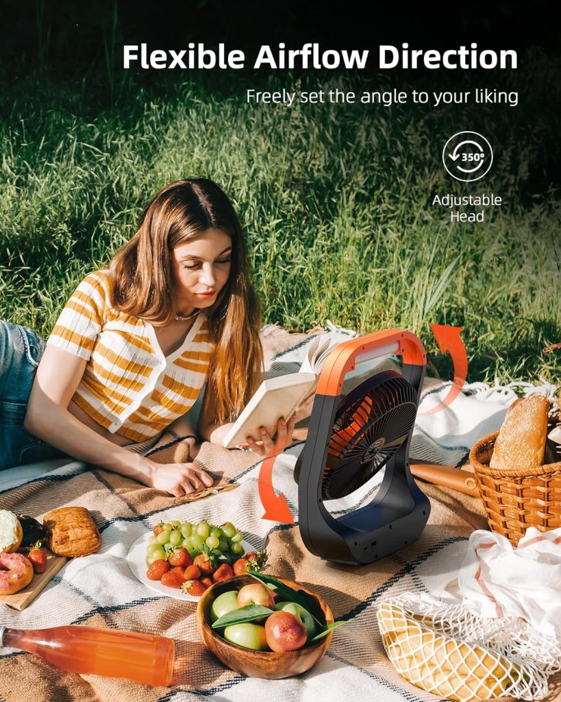 Koonie 8 inch 20000mAh Camping Fan with LED Lantern and Hook, 90hrs Rechargeable Battery USB Fan with 4 Speeds 350°Head Rotation, Desk Table Fan for Outdoor Tent Travel Picnic