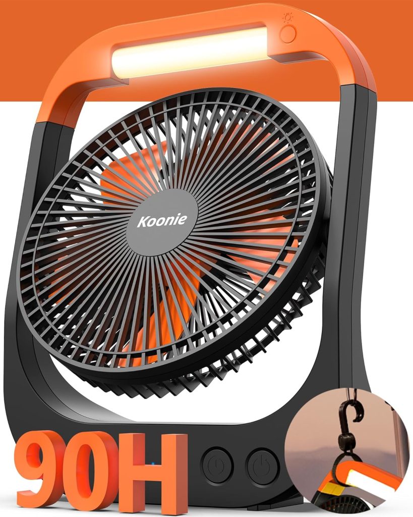 Koonie 8 inch 20000mAh Camping Fan with LED Lantern and Hook, 90hrs Rechargeable Battery USB Fan with 4 Speeds 350°Head Rotation, Desk Table Fan for Outdoor Tent Travel Picnic