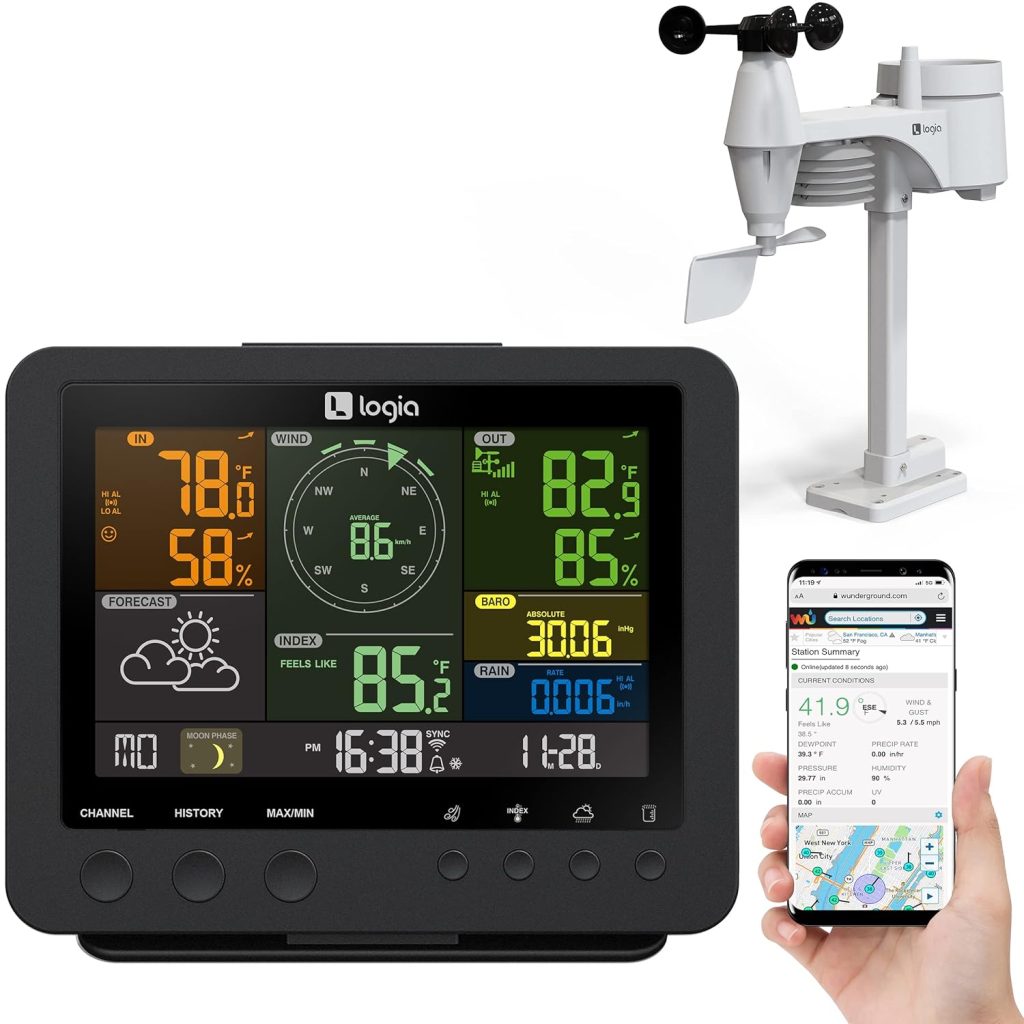 Logia 5-in-1 Wi-Fi Weather Station | Indoor/Outdoor Remote Monitoring System Reads Temperature, Humidity, Wind Speed/Direction, Rain More | Wireless LED Console w/Forecast Data, Alerts (Black)