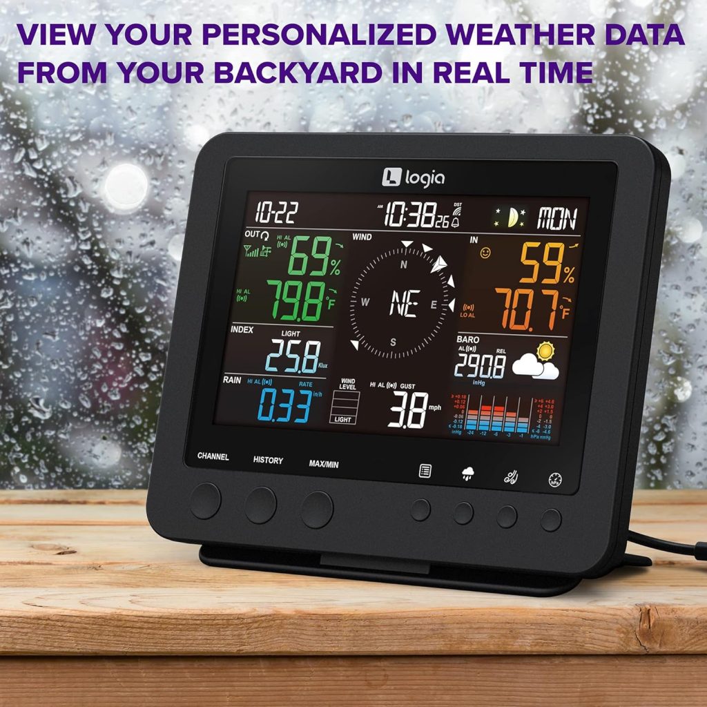 Logia 7-in-1 Wireless Weather Station with 6-Day Forecast, Wi-Fi, Solar Cell Large 10 Color Display | Measures Wind Speed/Direction, Rainfall, UV Index, Light Intensity, Temperature Humidity