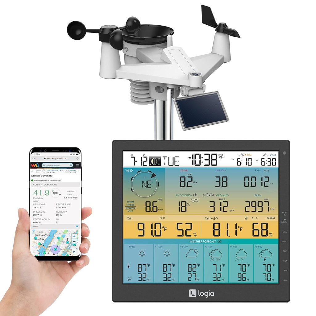 Logia 7-in-1 Wireless Weather Station with 6-Day Forecast, Wi-Fi, Solar Cell Large 10 Color Display | Measures Wind Speed/Direction, Rainfall, UV Index, Light Intensity, Temperature Humidity