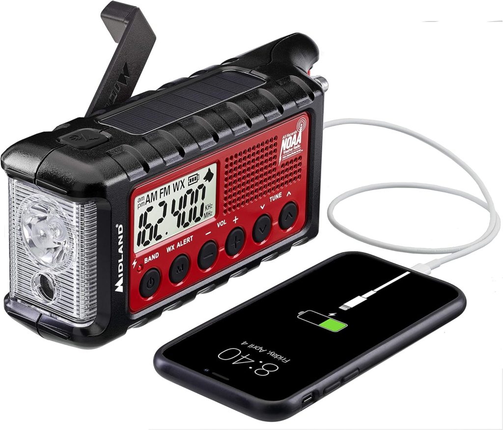 Midland - ER310, Emergency Crank Weather AM/FM Radio - Multiple Power Sources, SOS Emergency Flashlight, Ultrasonic Dog Whistle,  NOAA Weather Scan + Alert (Red/Black)