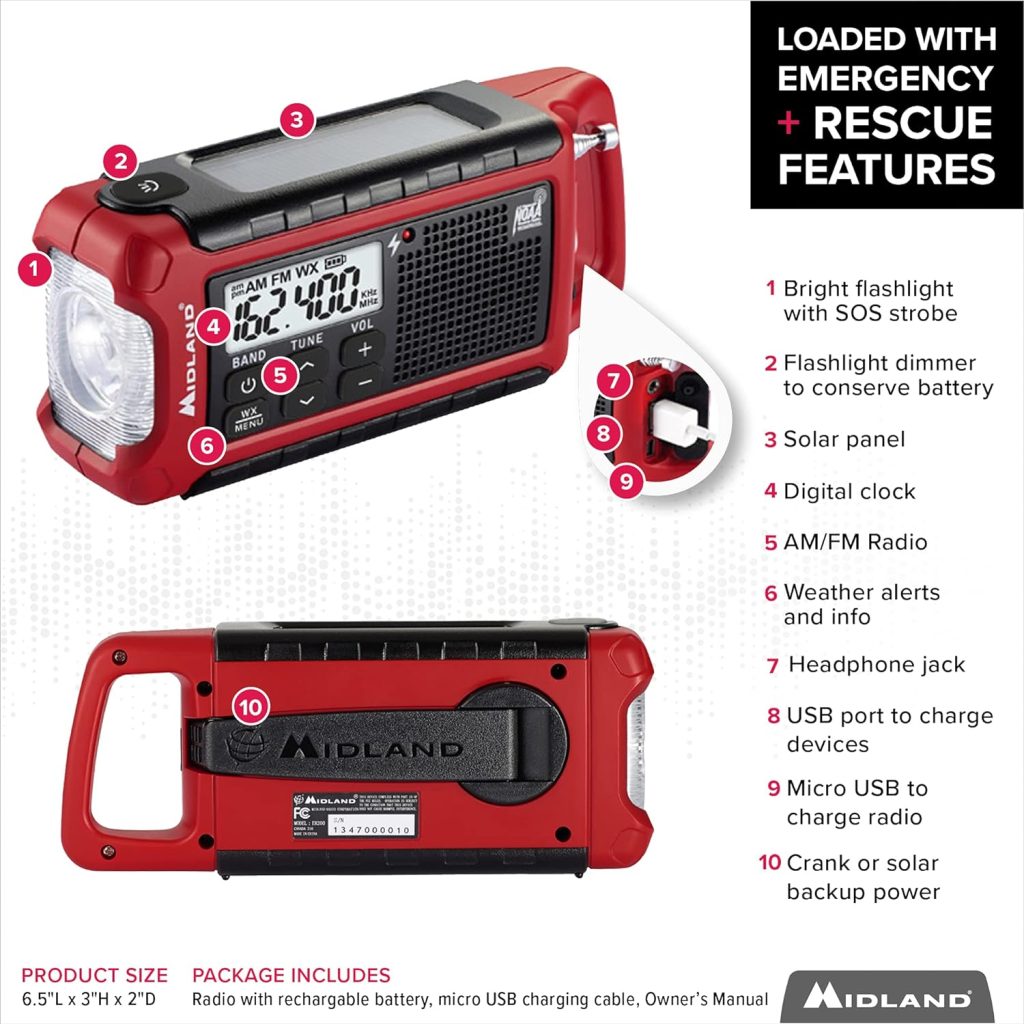 Midland - ER310, Emergency Crank Weather AM/FM Radio - Multiple Power Sources, SOS Emergency Flashlight, Ultrasonic Dog Whistle,  NOAA Weather Scan + Alert (Red/Black)