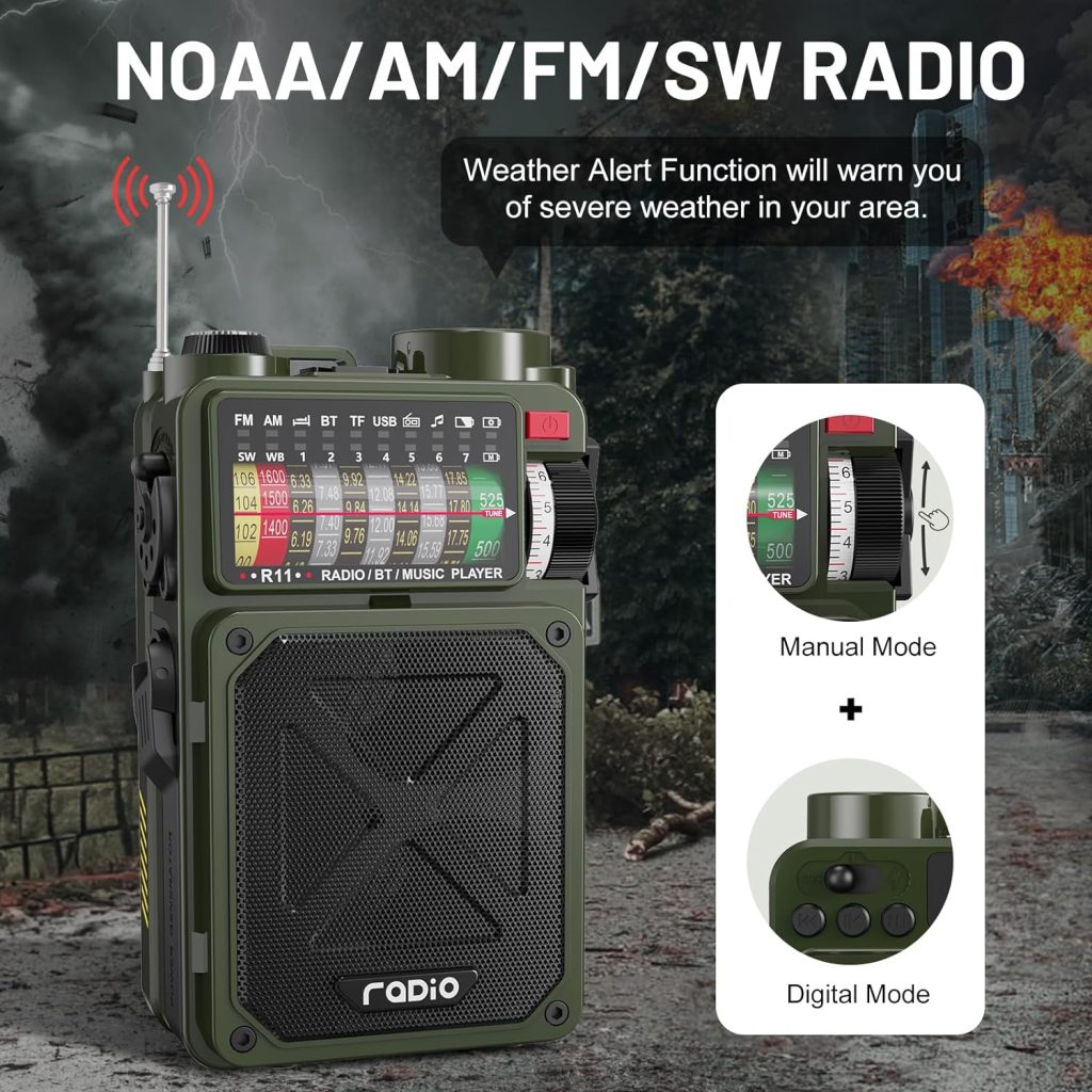 NOAA Weather Radio - 4000mAh AM/FM/WB/SW Emergency Radio with Bluetooth,Flashlight,SOS Alarm, Powered by USB Charged,Hand Crank Solar Power for Camping, Emergency