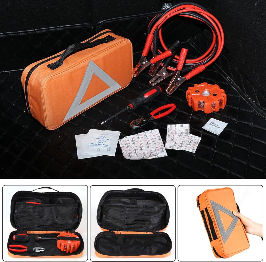 Noone Car Roadside Emergency Kit with Jumper Cables, Automobile Roadside Assistance Tool Kit, Waterproof Warning Light and Carry Case (Without Gloves)