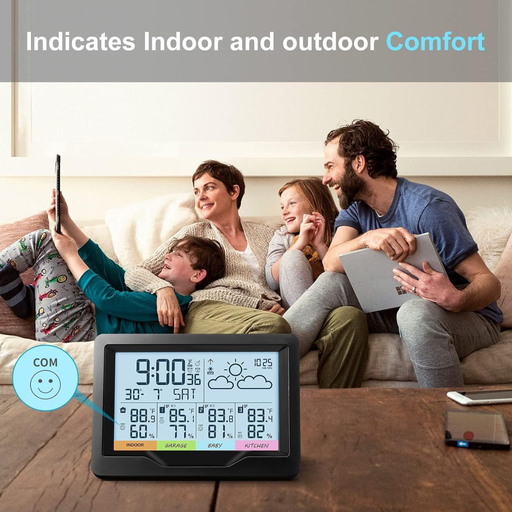 Oule GmbH Weather Stations Indoor Outdoor Thermometer Wireless Temperature Humidity Monitor with Digital Atomic Clock, Weather Station with Multiple Sensors