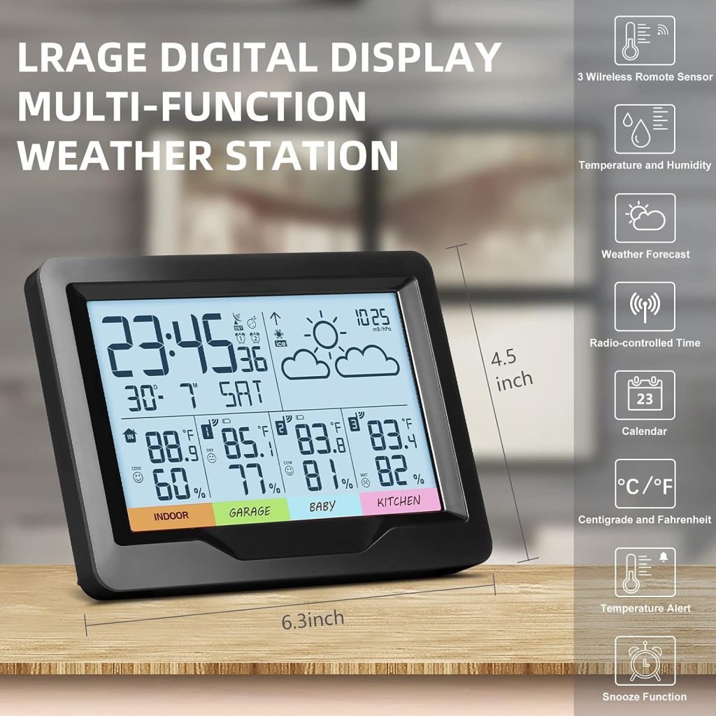 Oule GmbH Weather Stations Indoor Outdoor Thermometer Wireless Temperature Humidity Monitor with Digital Atomic Clock, Weather Station with Multiple Sensors